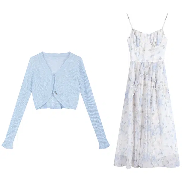 小卷要加油 蓝铃碎花晕染吊带气质设计收腰连衣长裙裙子裙装套装 女款