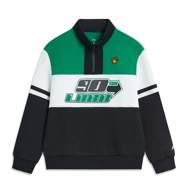 李宁儿童 字母印花拼色立领套头卫衣 儿童款 黑色群青绿标准白