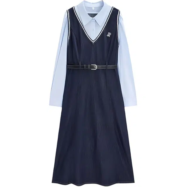 爱依服 拼色假两件长款长袖连衣裙 女款 牛仔深蓝