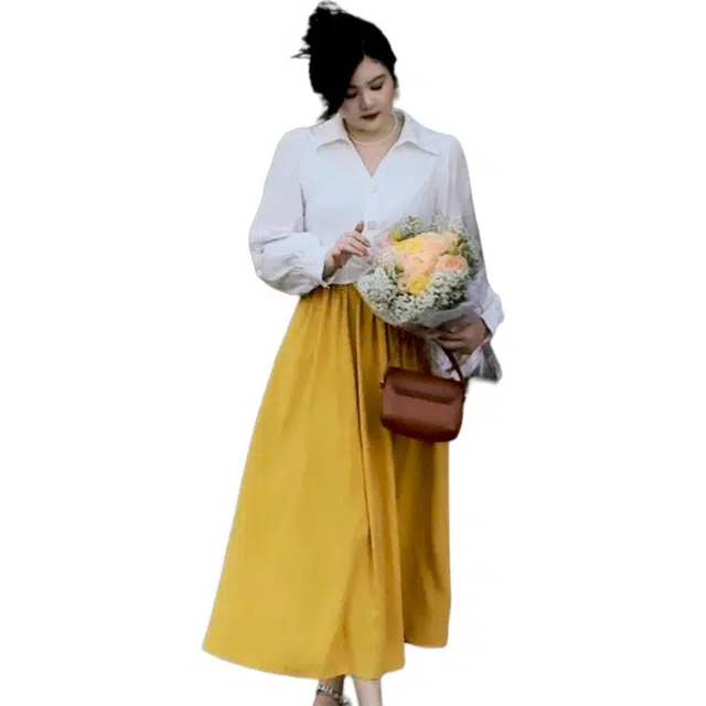 哒头下雨不愁 微胖大码斜襟盘扣长袖连衣裙 女款 白拼黄