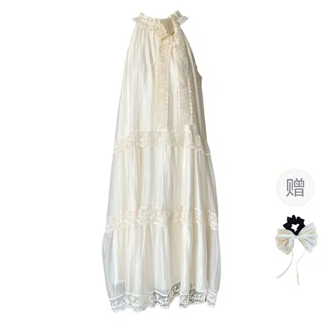 涂诗菲 法式温柔度假风系带蕾丝拼接挂脖长裙富家千金甜美宽松显瘦无袖连衣裙 女款