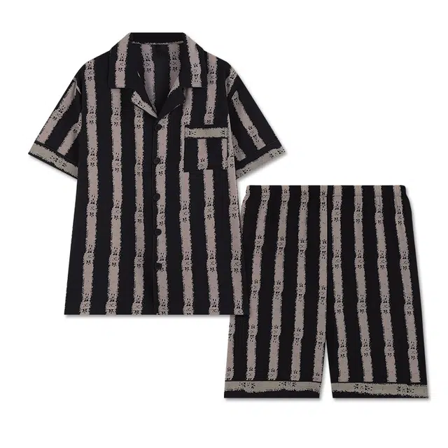 好福份 条纹冰丝薄款大码休闲短袖五分裤家居服夏季睡衣套装 男款