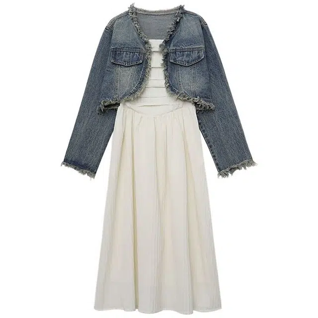 棉购 做旧毛边流苏长袖牛仔外套设计感宽松短款连衣裙裙装套装 女款