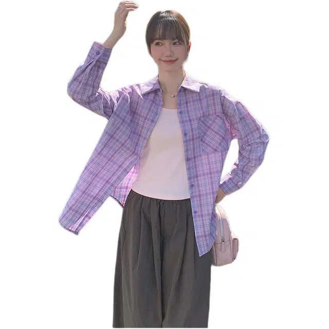 沐晓欣 休闲穿搭防晒紫色格子薄款宽松百搭休闲长袖衬衫 女款