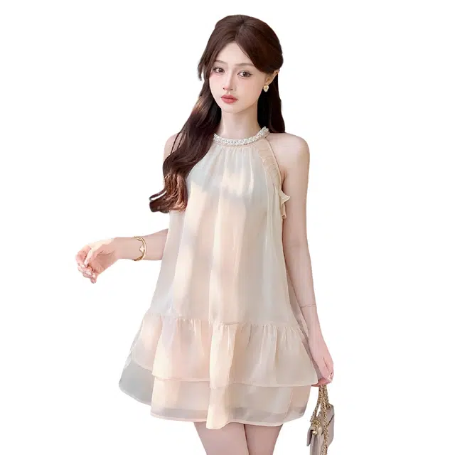 缪斯的诱惑 法式气质高端精致挂脖别致绝美无袖连衣裙 女款