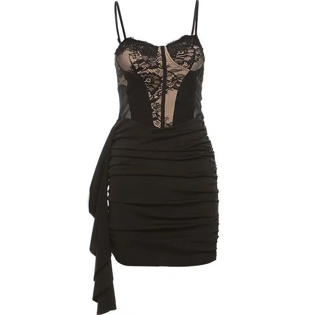 哒头下雨不愁 性感轻熟魅惑蕾丝碎花拼接修身包臀女吊带连衣裙 女款 黑色