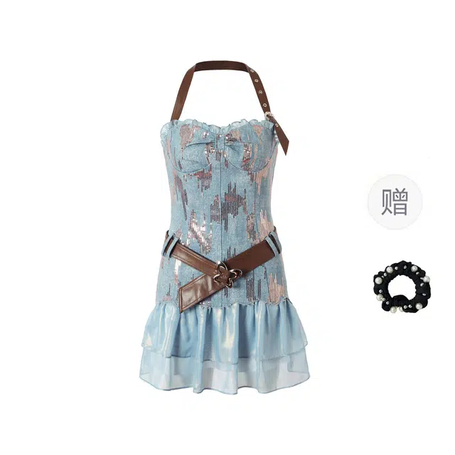 雾闪闪 西部牛仔复古修身亮片挂脖亮纱拼接下摆蓬蓬吊带连衣裙 女款