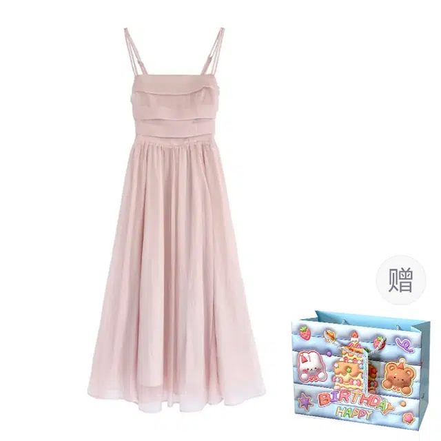 轻迎 法式简约高级感度假风褶皱设计甜美长裙吊带连衣裙 女款