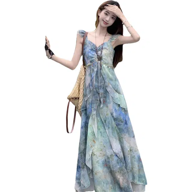 怪力萝莉 度假风气质扎染印花荷叶边宽松过膝长裙吊带连衣裙 女款