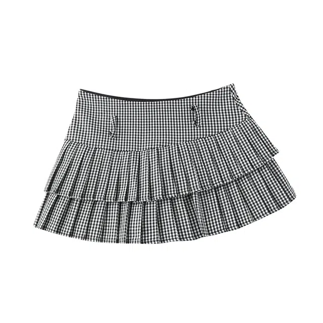 花栗鼠小姐 美式复古经典百搭黑白格设计感蛋糕百褶休闲短裙 女款
