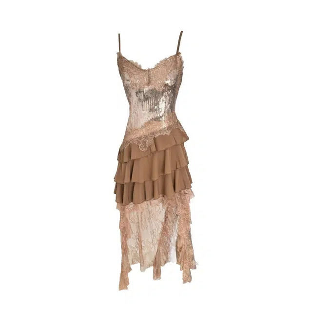 涂诗菲 不规则下摆设计感亮片拼接蕾丝吊带连衣裙 女款