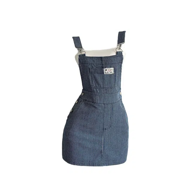 敲模女孩 学院风条纹设计感牛仔背带裤纯欲辣妹收腰百搭上衣吊带打底休闲套装 女款