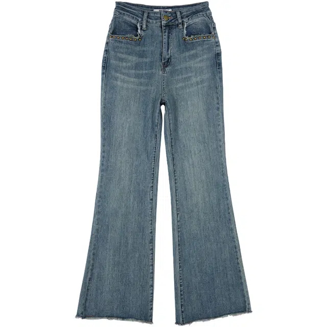 她池 微喇复古港风水洗毛边牛仔裤 女款 浅蓝色