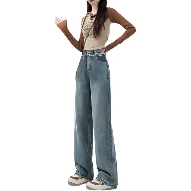 惟熙 高腰加绒加厚宽松垂感阔腿长裤牛仔裤 女款 蓝色