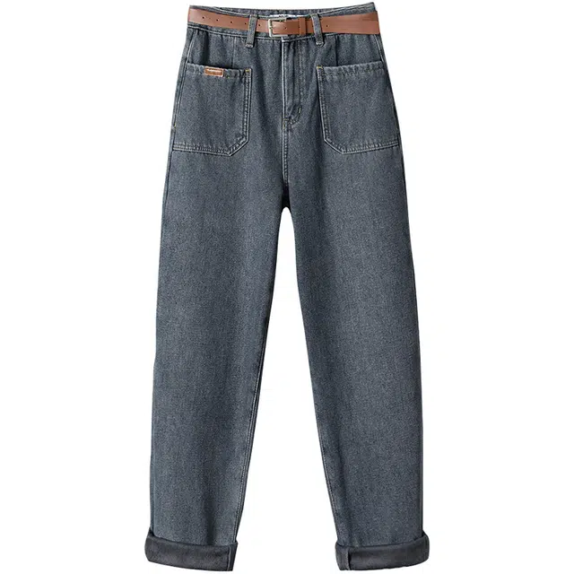 她池 加绒加厚简约水洗高腰保暖哈伦长裤牛仔裤 女款 深蓝色