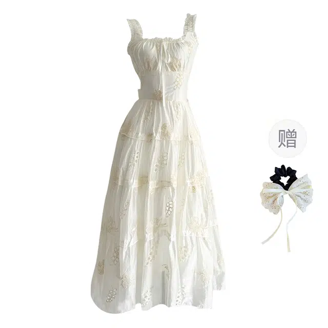 涂诗菲 法式甜美海边度假风露背绑带镂空设计感收腰显瘦吊带连衣裙 女款 杏色