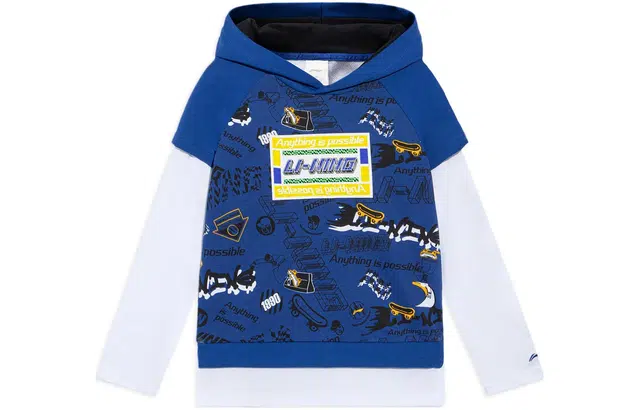李宁 童装 运动生活系列 拼接印花字母抓绒连帽套头卫衣 男童 蓝色