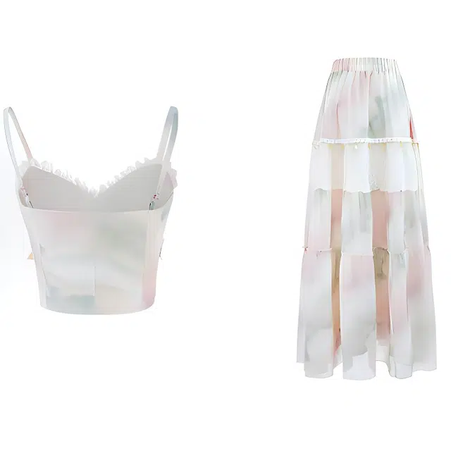 小菊川栗 学院风时尚休闲潮流甜辣穿搭曼日花事氛围感晕染印花海边度假吊带半裙裙装套装 女款