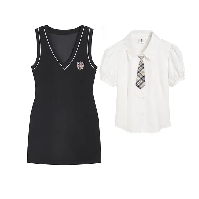 冰淇淋与鲸 纯色尖领长袖衬衫针织无袖连衣裙裙装套装 女款