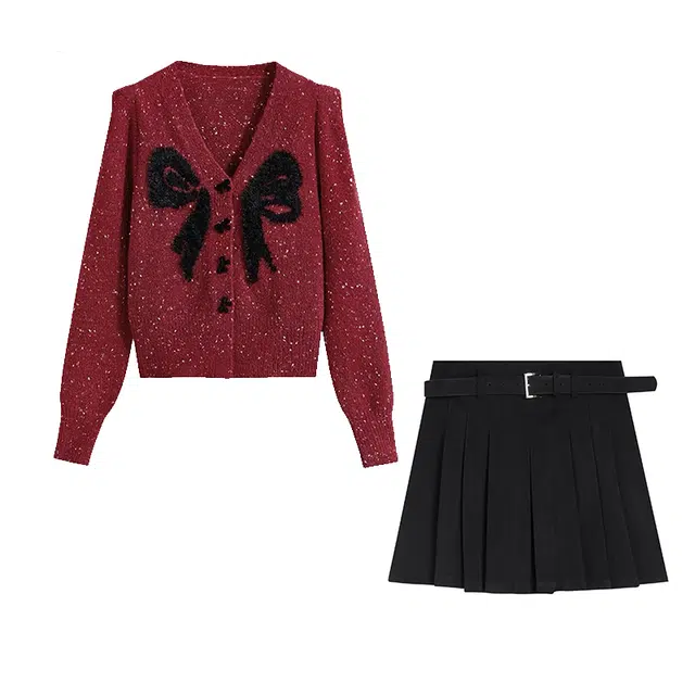 冰淇淋与鲸 收腰短款长袖针织衫纯色半身裙裙装套装 女款