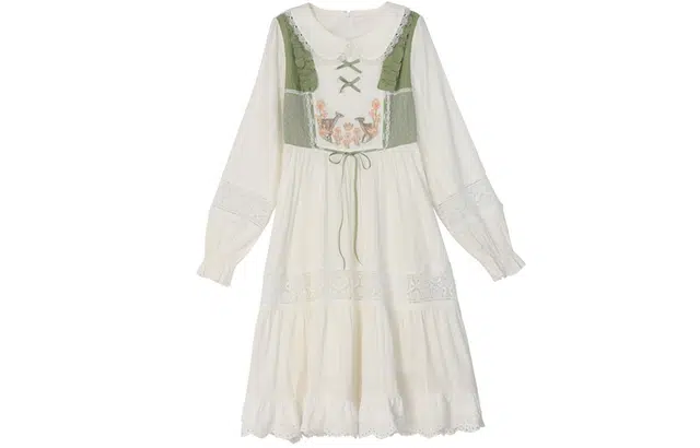 森女部落 春日油画系列 原创【童话之旅】法式田园风花边连衣裙娃娃领拼接裙子春季 女款