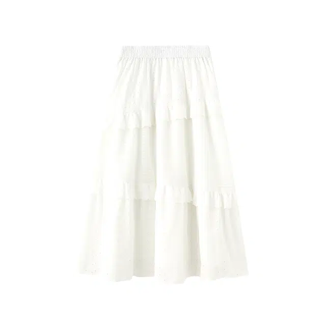 花栗鼠小姐 花瓣蛋糕裙田园法式绣花拼接肌理感宽松遮胯显瘦休闲长裙 女款 白色