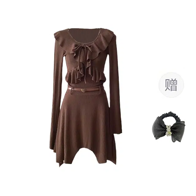 雾闪闪 网红辣妹风不规则荷叶边长袖连衣裙 女款