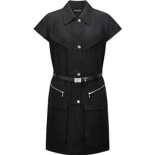 太平鸟 舒适宽松直筒质感衬衫式长袖连衣裙 女款 黑色