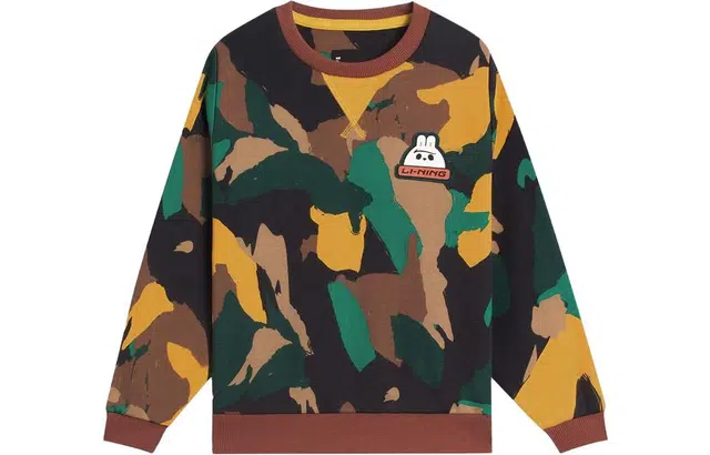 李宁儿童 童装 运动生活系列 迷彩满印加绒加厚圆领长袖卫衣 男童 黑绿雪山迷彩