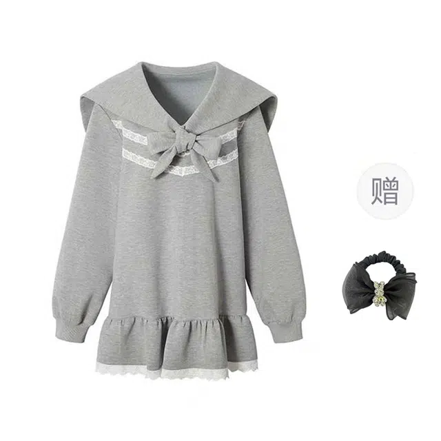 雾闪闪 时尚简约蝴蝶结绑带荷叶边蕾丝长袖连衣裙 女款 灰色