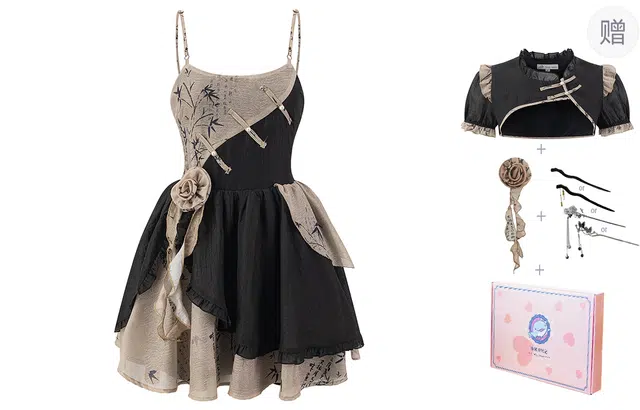 东鲸岁时记 新中式复古修身收腰短款吊带连衣裙 女款 黑色连衣裙 修身无弹性（买赠送披肩+发簪一支+玫瑰配饰）