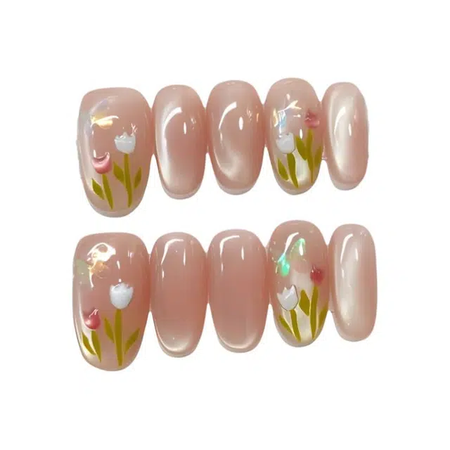 计轩 蝴蝶恋郁金香高级感显白纯手绘  穿戴甲 方型粉色渐变 猫眼