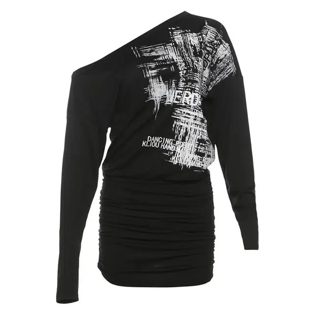 哒头下雨不愁 设计感辣妹纯欲不规则斜领单肩收腰假两件长袖连衣裙 女款