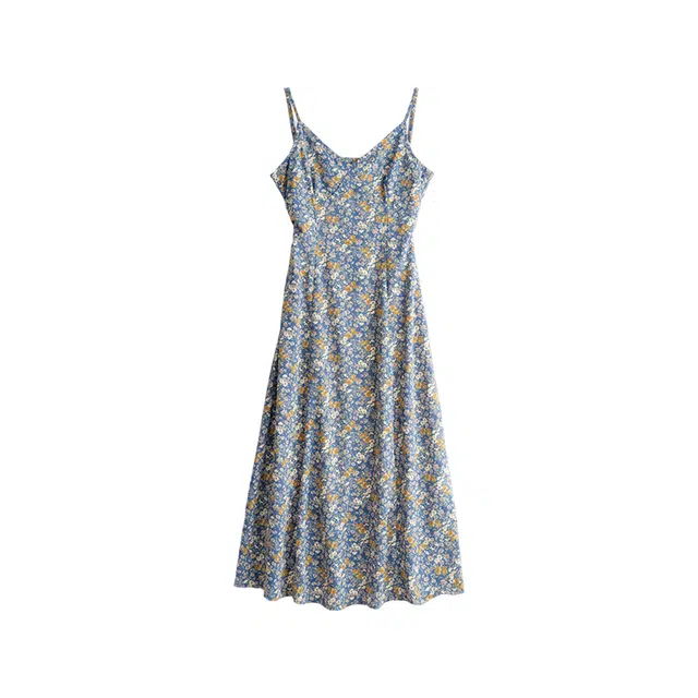 曲韩 法式碎花雪纺收腰中长款裙子超好看绝美度假风夏季吊带连衣裙 女款 蓝色