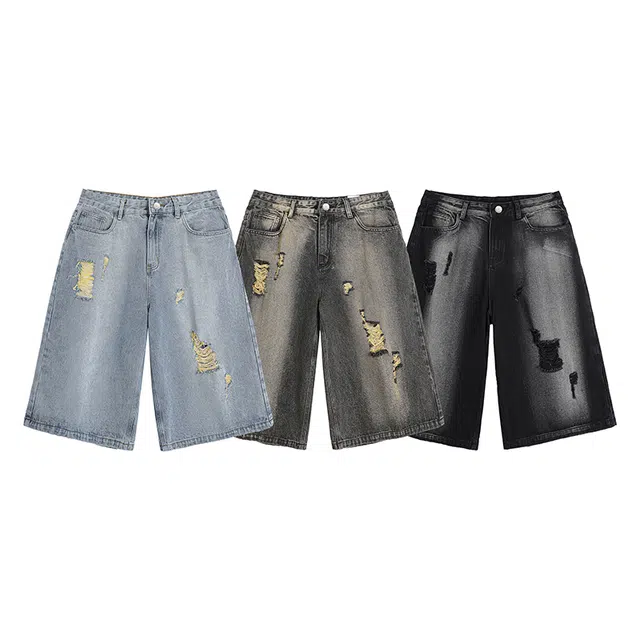 欧路得 美式水洗过膝七分宽松帅炸街工装阔腿牛仔短裤 男款