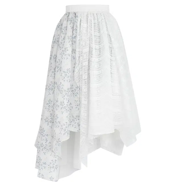 森女部落 碎花满印蕾丝拼接裙子不规则中长款半身裙 女款 白色