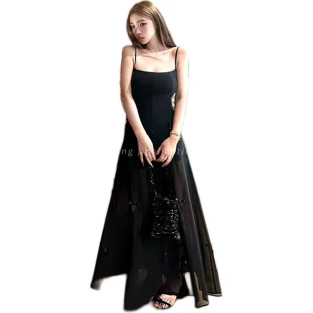 沐晓欣 收腰纯欲女别致绝美修身重工蝴蝶结吊带连衣裙 女款