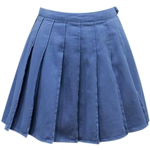 小小拉 牛仔拼接手工压褶牛仔休闲短裙 湖蓝