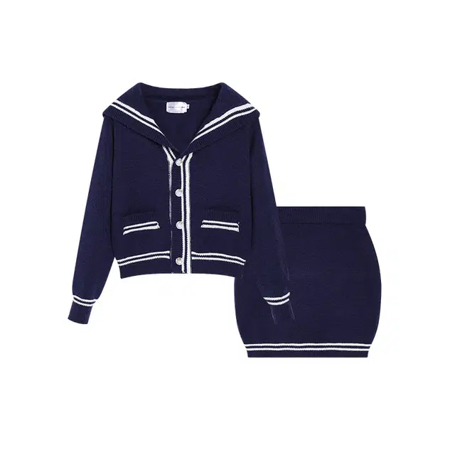 冰淇淋与鲸 学院风海军领针织衫开衫外套休闲半身裙裙装套装 女款