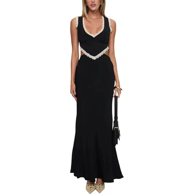 PRINCESS POLLY KEILA LACE TRIM MAXI DRESS BLACK CREAM