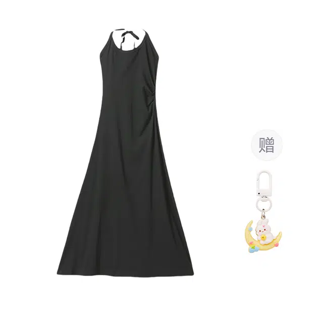 柏黛妃 黑色挂脖吊带连衣裙女内搭打底连身裙修身长裙裙子吊带连衣裙 女款 黑色+赠品