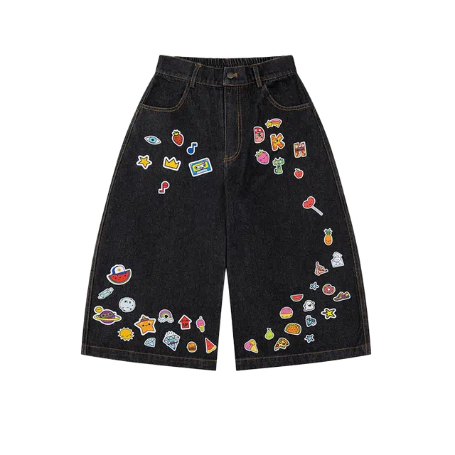 奇迹街区 牛仔大口袋潮牌宽松夏季五分中裤休闲短裤 男女同款