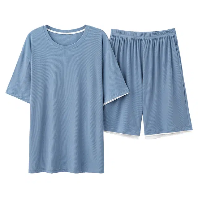 好福份 薄款螺纹短袖纯色休闲可外穿家居服睡衣套装 男款