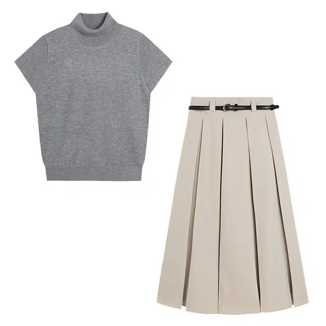 冰淇淋与鲸 半高领短袖针织衫纯色半身裙裙装套装 女款