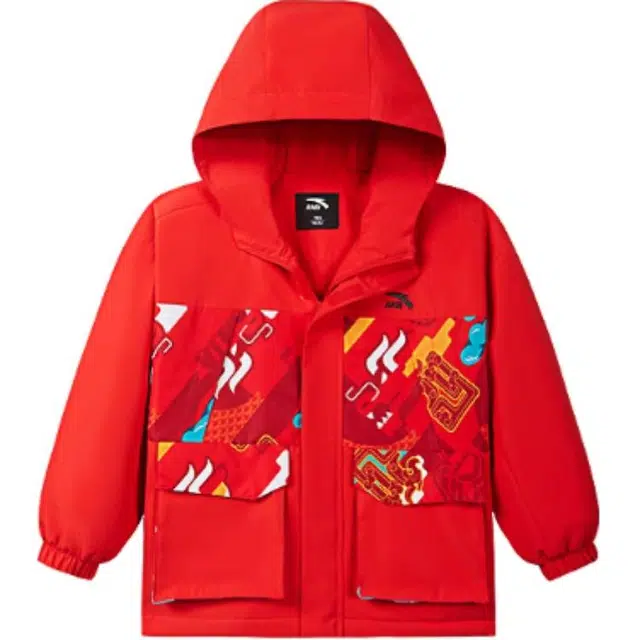 安踏儿童 童装 图案印花连帽长袖加绒夹克外套 儿童款 赫红色