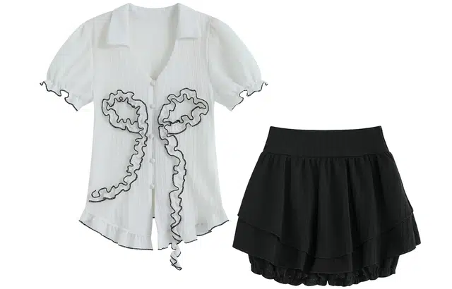 九条喵 蕾丝蝴蝶结套头短袖衬衫纯色芭蕾短裙裙装套装 女款