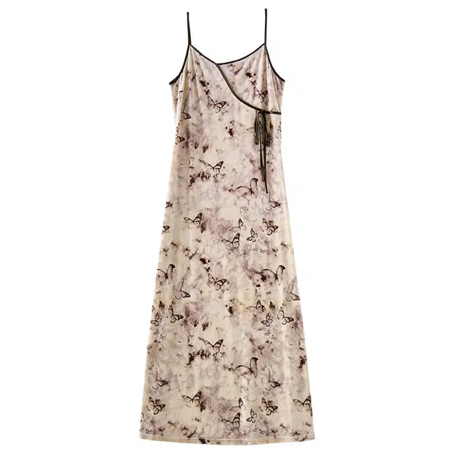 欧昵雪 时尚休闲蝴蝶印花长款气质丝绒吊带连衣裙 女款 花色