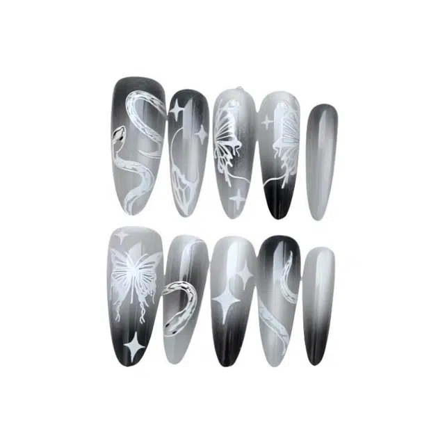 计轩 蛇蝶夜舞猫眼晕染  穿戴甲 尖型灰白渐变