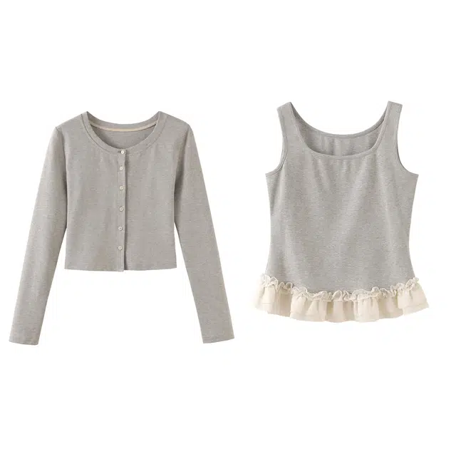 花栗鼠小姐 圆领花边针织开衫+纯色吊带休闲套装 女款