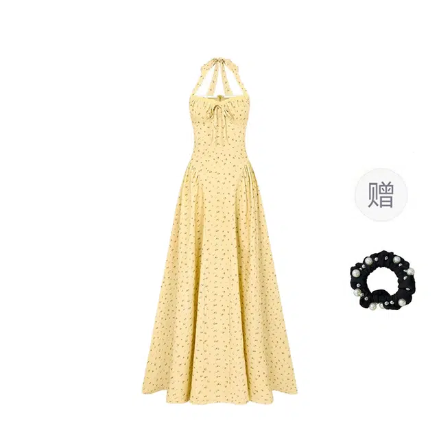 雾闪闪 欧若风法式温柔优雅甜美气质俏皮碎花挂脖露背吊带连衣裙 女款